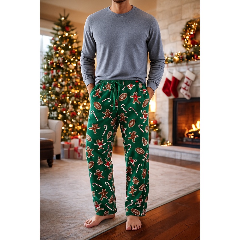 Croft & Barrow Men's Green Gingerbread Man Candy Cane Fleece Pajama Pants Size S